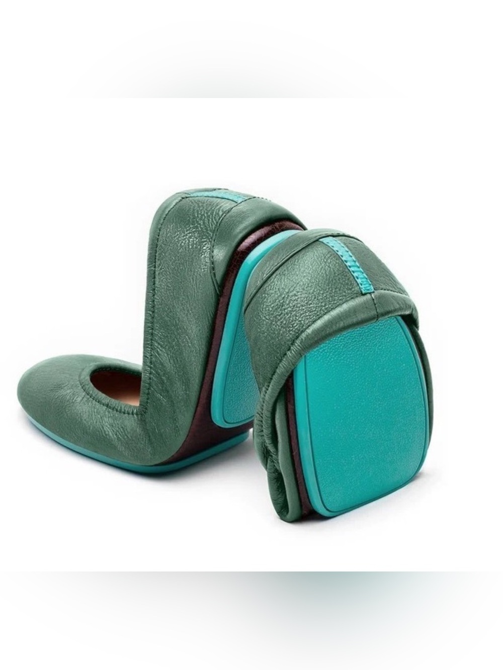 Tieks Pacific Green Leather Ballet Flat with Turquoise Trim, Size 9